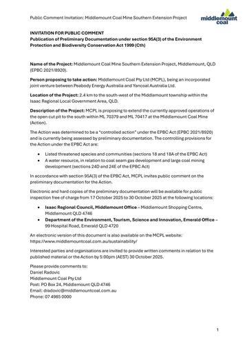 Public Comment Invitation Middlemount Coal Mine Southern Extension Project