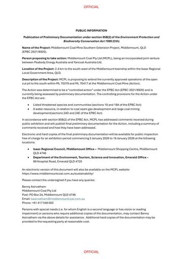 Middlemount Southern Extension Project Preliminary Documentation Public Information Notice EPBC 2021 8920