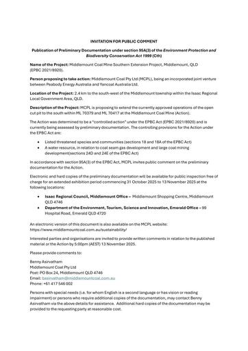 Middlemount Southern Extension Project Preliminary Documentation Public Notice EPBC 2021 8920 Extended Notice Period