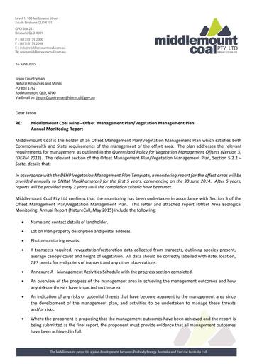 Offset Management Plan Annual Monitoring Report Letter June 2015